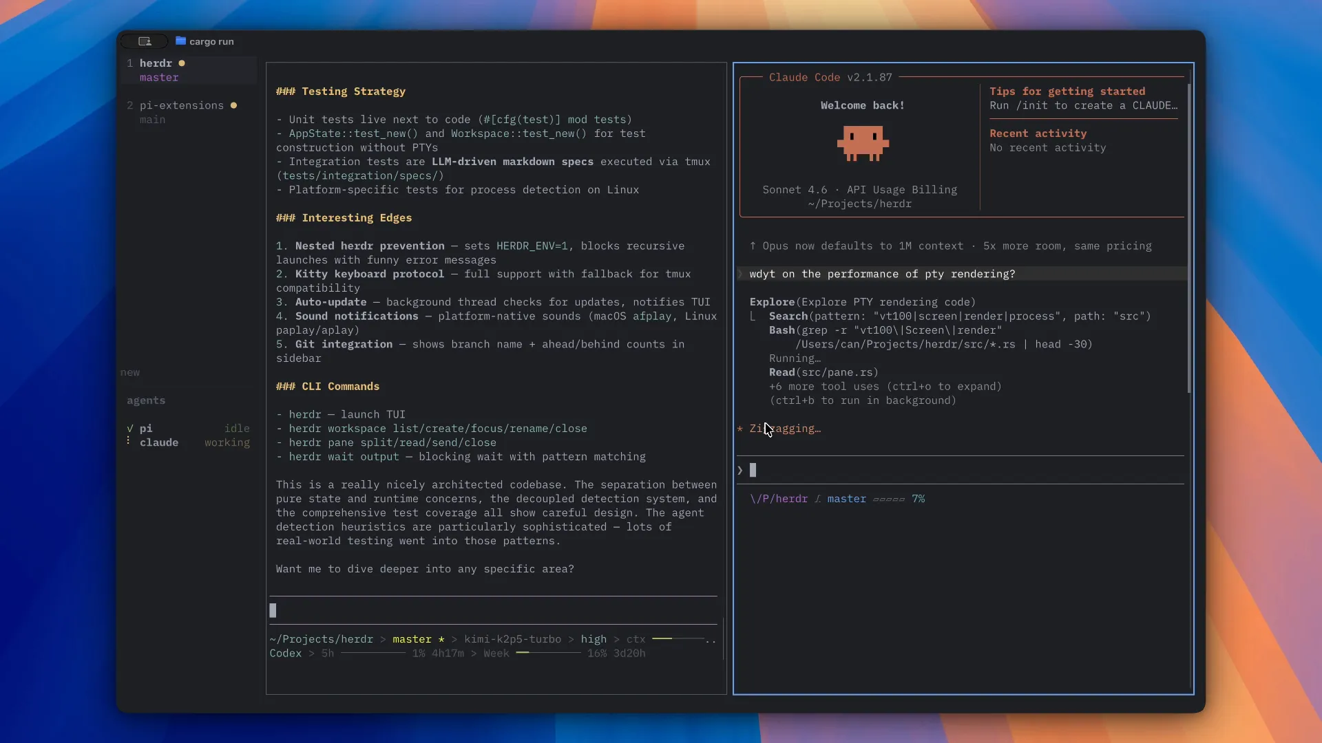 The herdr terminal app: a sidebar with two projects and the state of each agent (working or idle), and two agent sessions side by side.